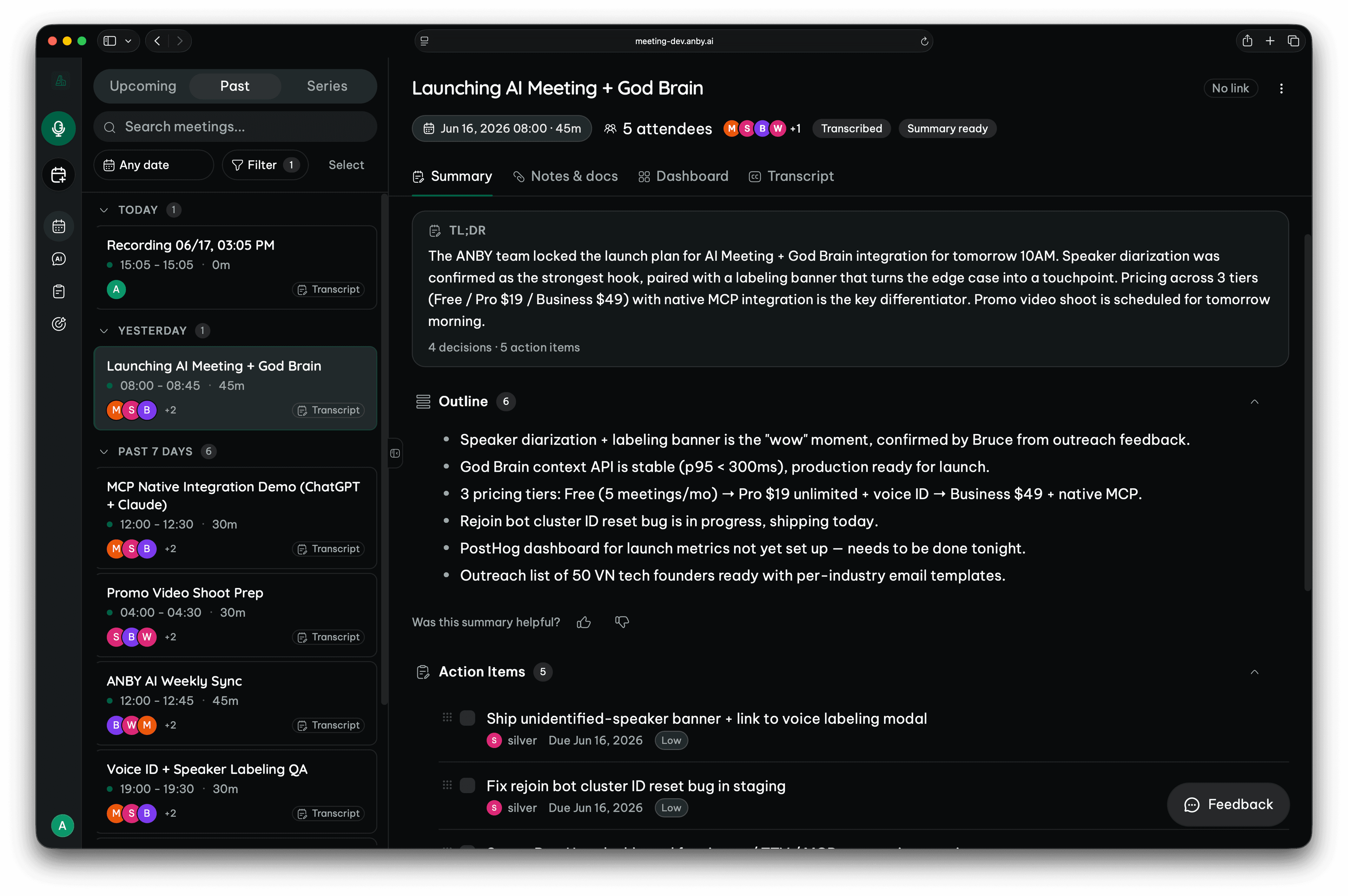 Anby meeting summary with the event list and TL;DR panel